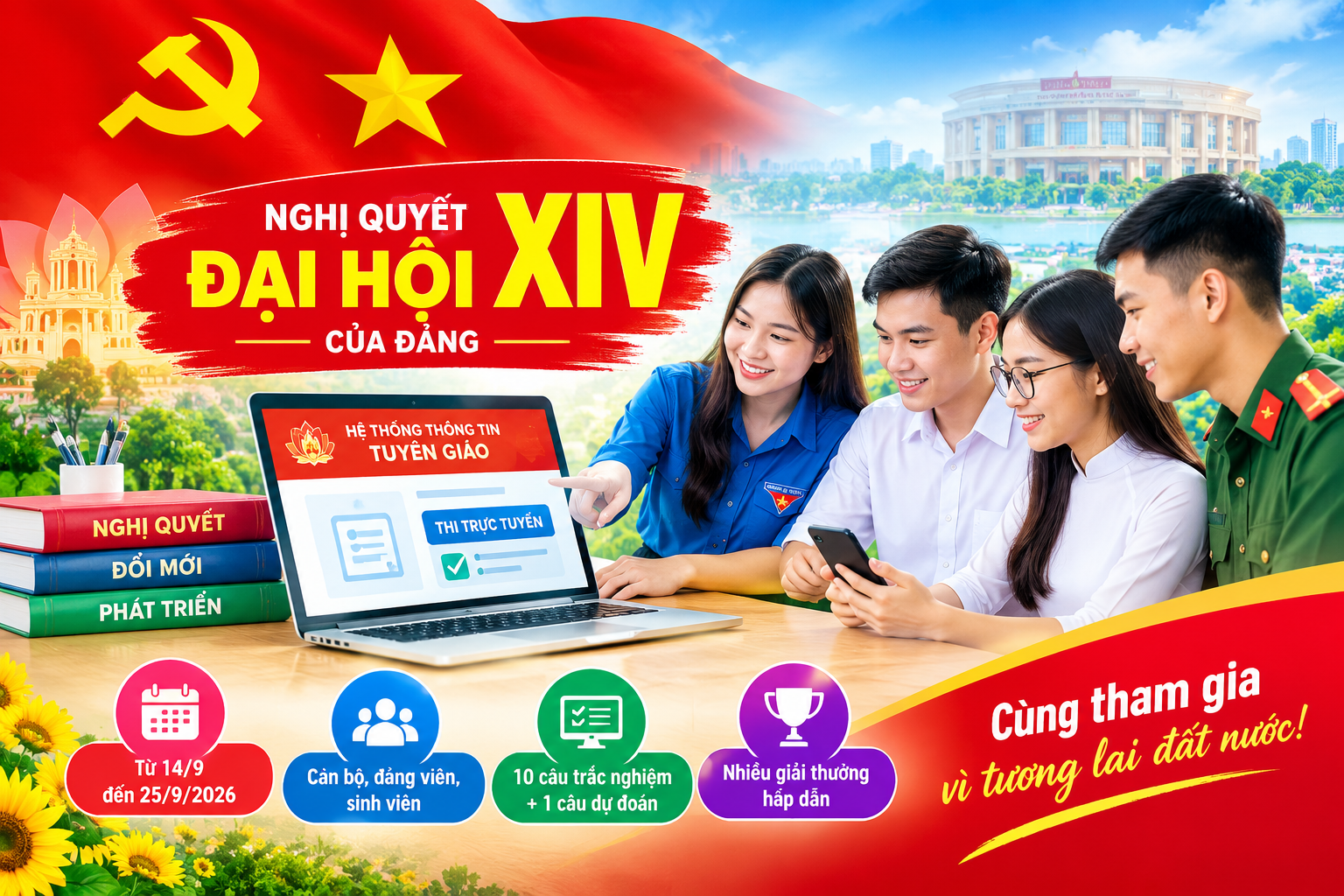 A group of people sitting at a table with a computer and a flag

Description automatically generated